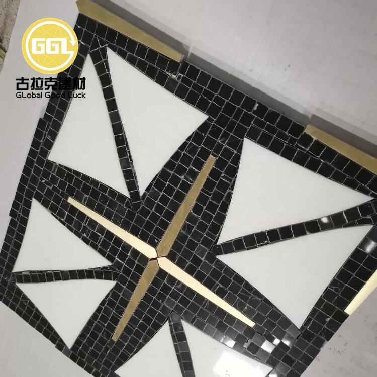 Natural White Marble Mix Black Inlay Brass Waterjet Mosaic Tile 