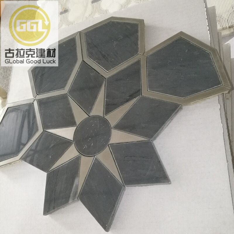 Sun Style Mosaic Tile Black Marble Mix Star Mirror Waterjet Pattern Tile