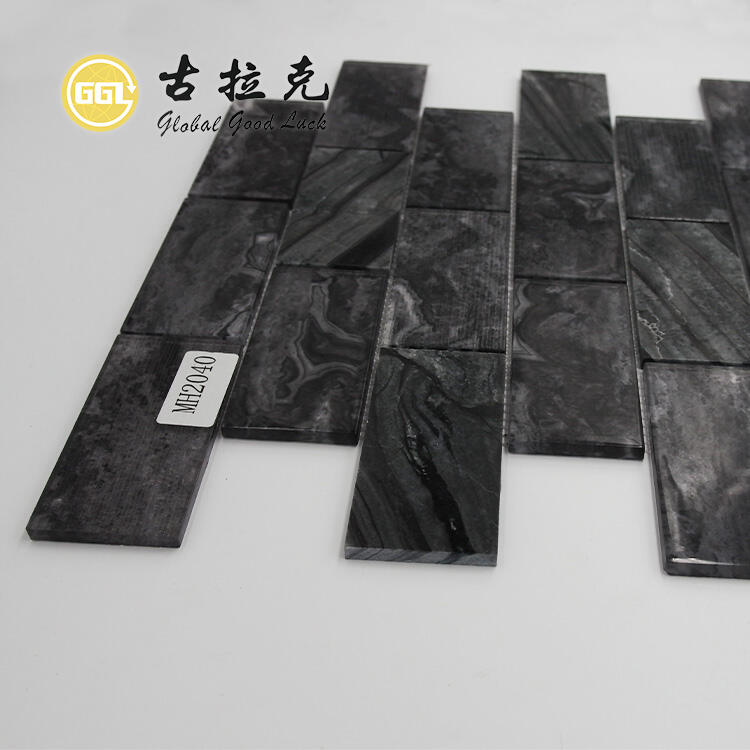 Black Glass Mix Marble Black Strip Shape Mosaic For Wall Tile