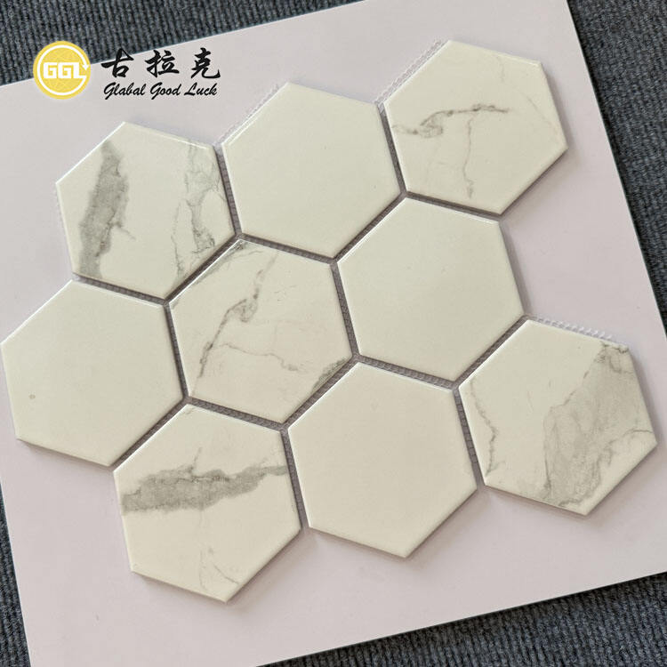 White Marble Texture Hexagon Ceramic Mosaic Tiles 