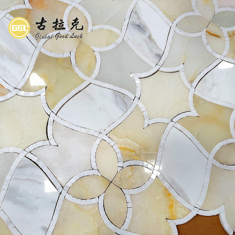 Lily Flower Design Mosaic Calacatta Gold with Onyx Marble Mosaic Tile Interior Decor