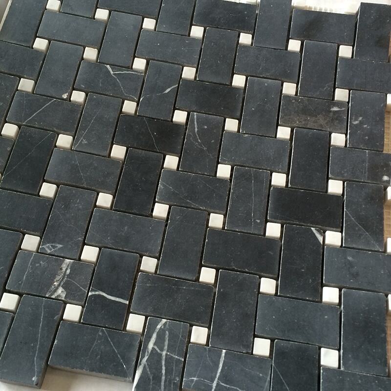 Natural Black with Beige Dots Marble Baskweave Marble Mosaic Tile