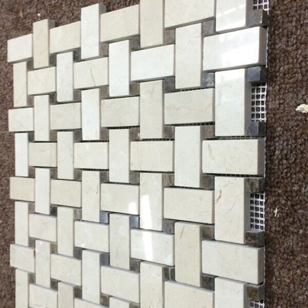 Crema Marfil Basketweave With Brown Dots Marble Mosaic For Kitchen Tiles