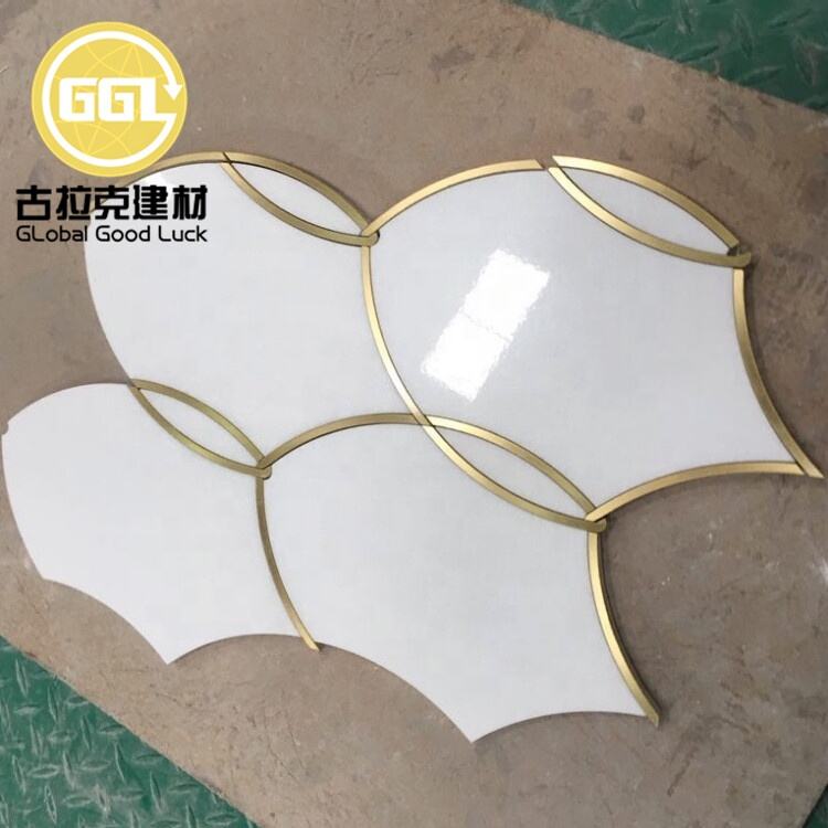 Thassos White Brass Edging Marble Irregular Waterjet Mosaic Tile Wall Flooring