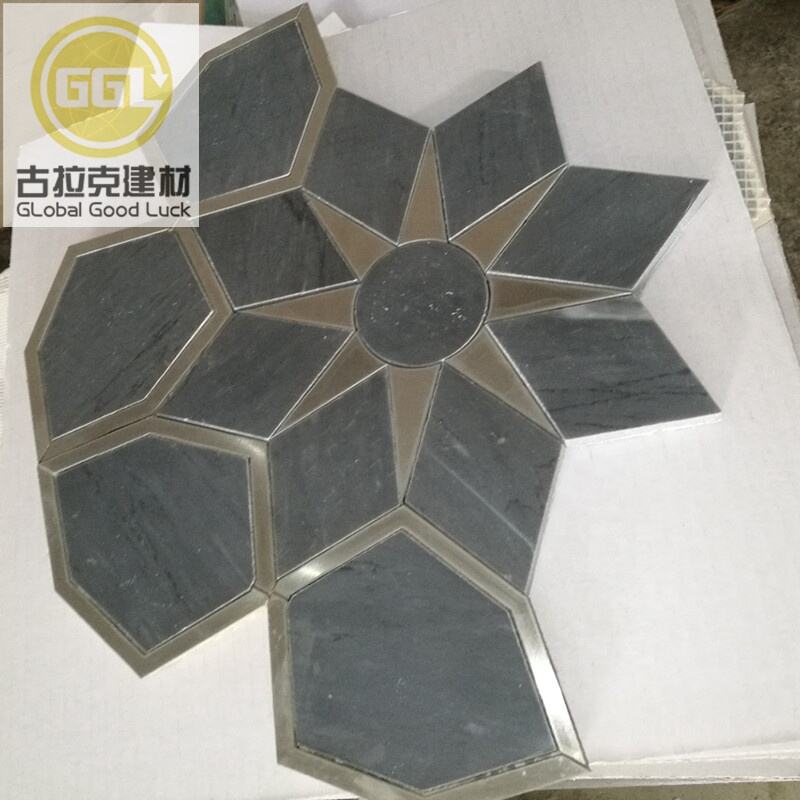 Sun Style Mosaic Tile Black Marble Mix Star Mirror Waterjet Pattern Tile