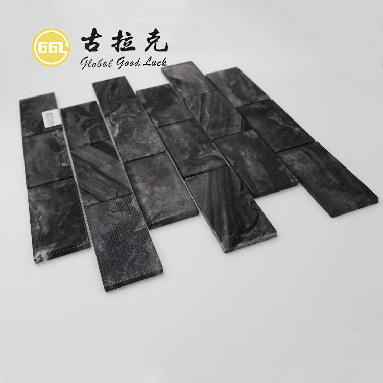 Black Glass Mix Marble Black Strip Shape Mosaic For Wall Tile