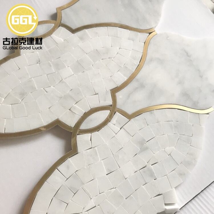 Marble Waterjet Mosaic Tile Bathroom Floor Tiles Inlay Brass Mosaic Gold