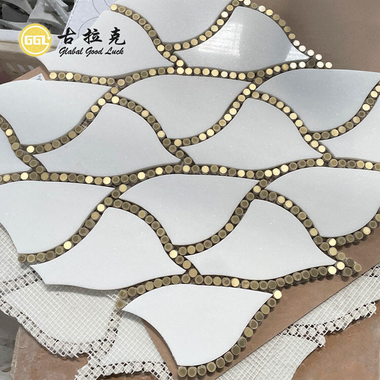 Thassos White Marble Mix Round Brass Pattern Waterjet Mosaic Tile