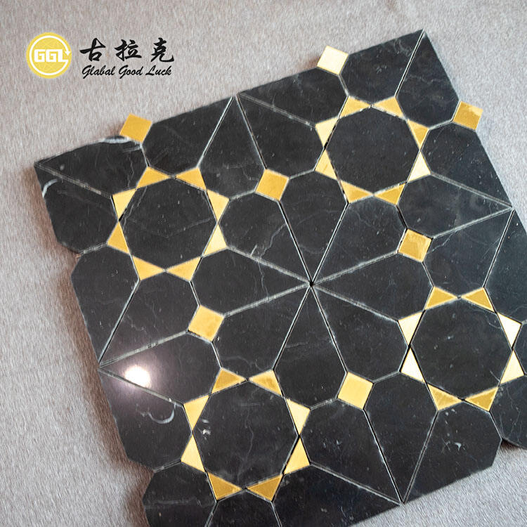 Waterjet Black Marble Tile Mix Brass Mosaic Tile for Interior Floor Wall Decoration