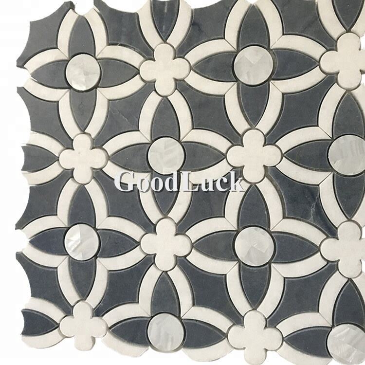 Blue Mix White Marble Parquet Feature Inlay Shell Waterjet Mosaic Kitchen Bathroom Tile