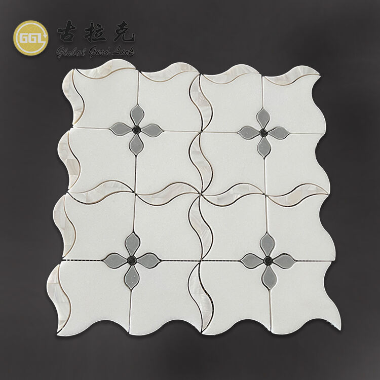 White Marble Shape Waterjet Parquet Feature Mosaic Tile Inlay Shell For Interior Decoration