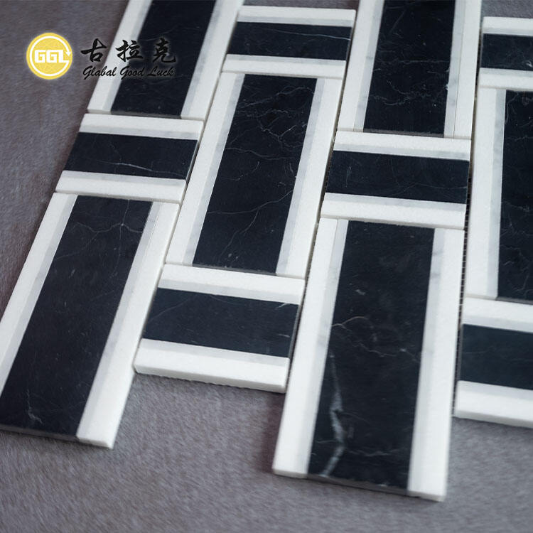 Basketweave Shape Black White Mosaic Interior Tile Home Decor Marble