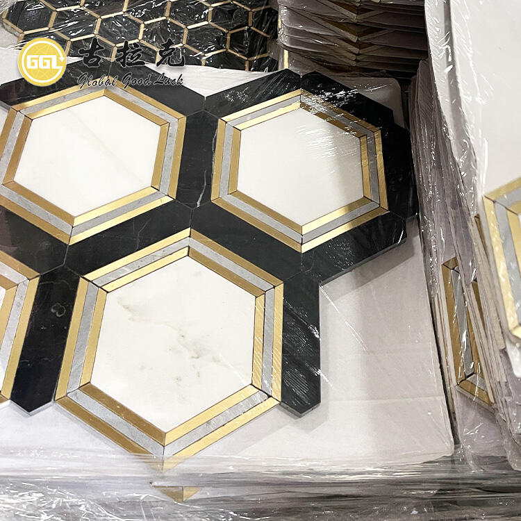 Hexagon Shape Marble With Brass Waterjet Mosaic Tile