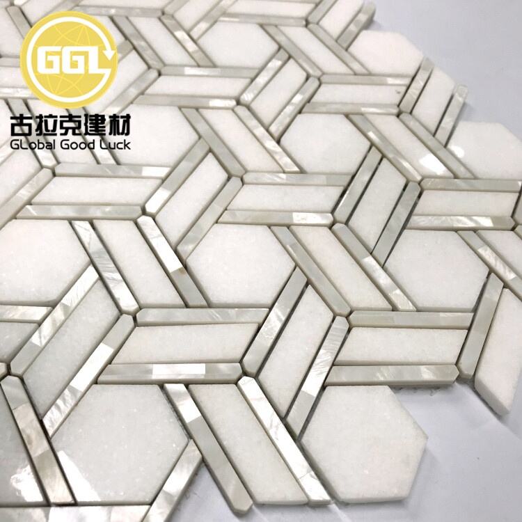 Thassos White Marble Inlay Shell Waterjet Mosaic Tile 