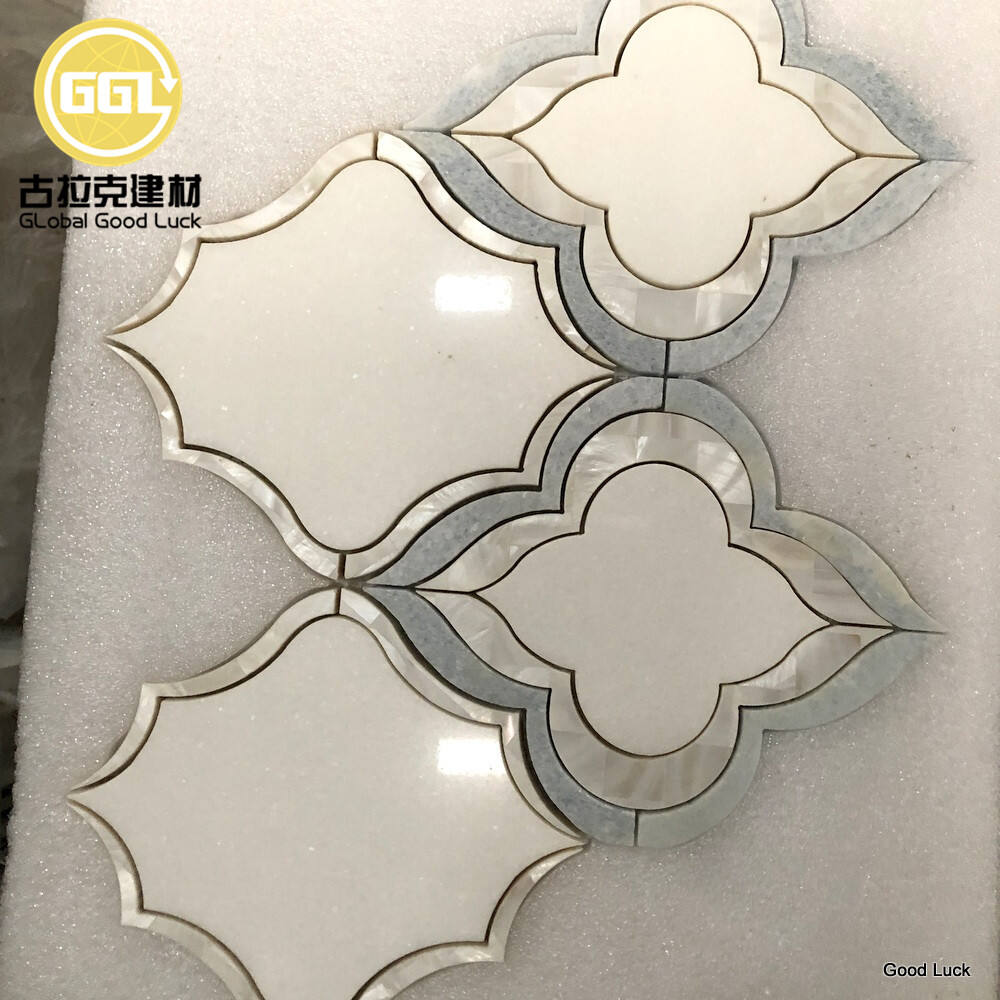 Wateriet White Marble lnlay Shell Parquet Feature Mosaic Tile