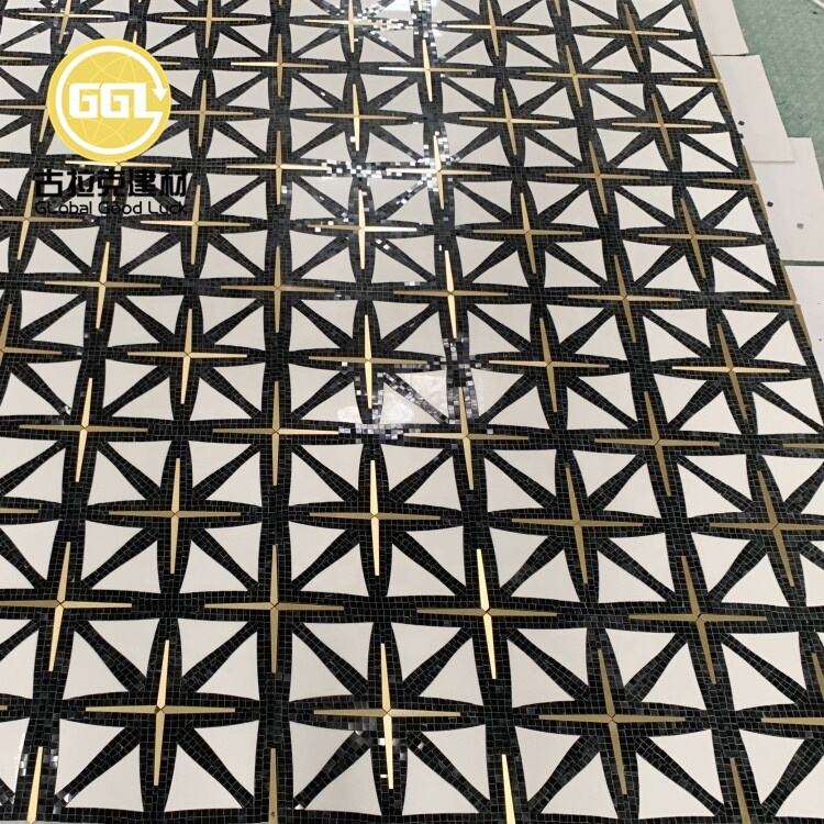 Natural White Marble Mix Black Inlay Brass Waterjet Mosaic Tile 