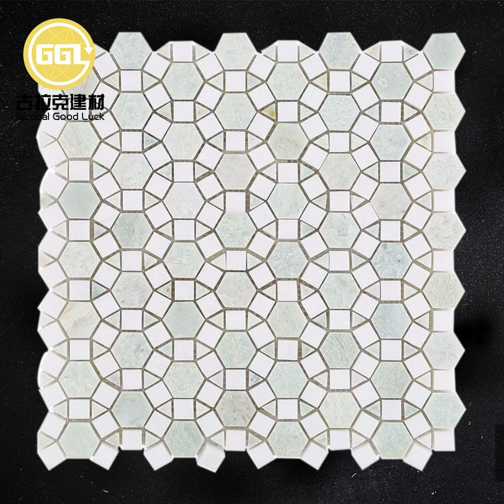 Unique Wholesale Price Mosaic Wall TilesThassos White Marble Mix Green Stone Mosaic Tile