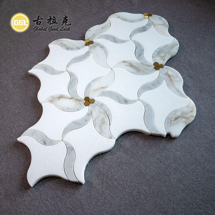 Flower Shape Marble Mosaic Inlay With Brass Dot Waterjet Mosaic Tile