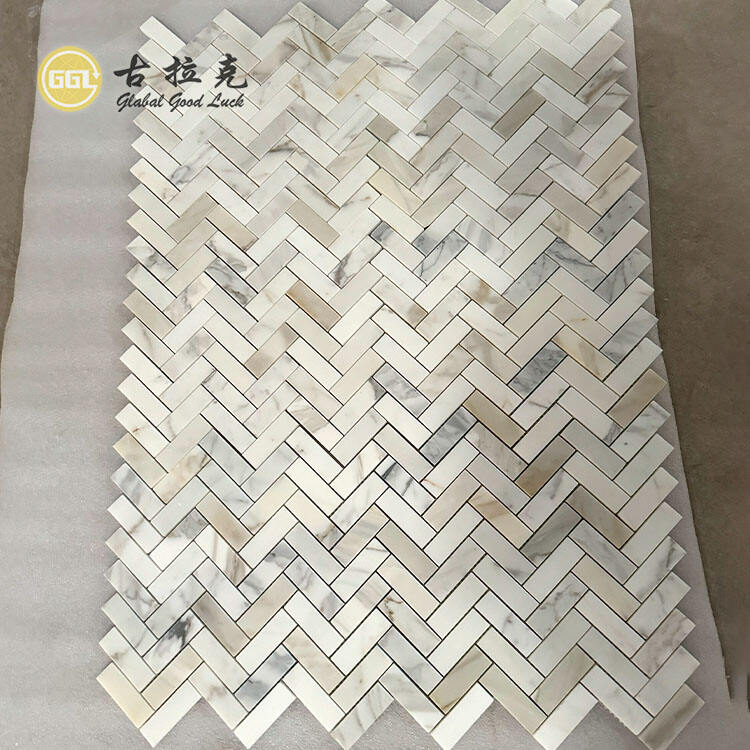 High Quality Herringbone Stone Calacatta Gold Marble Mosaic Tile