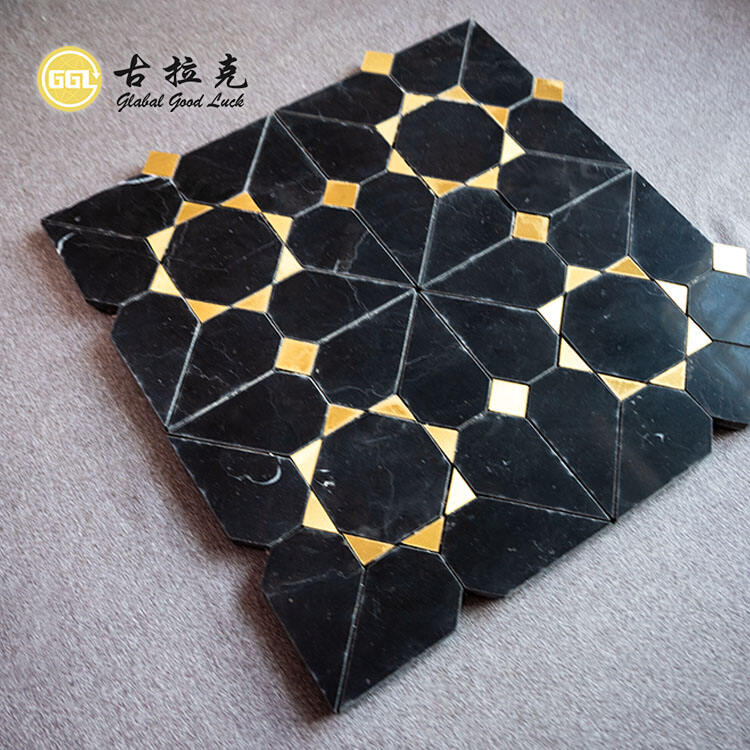 Waterjet Black Marble Tile Mix Brass Mosaic Tile for Interior Floor Wall Decoration