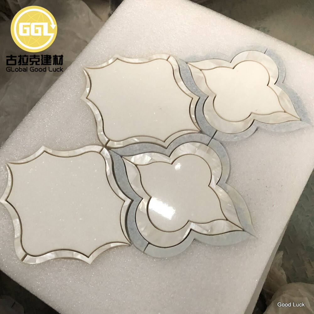 Wateriet White Marble lnlay Shell Parquet Feature Mosaic Tile
