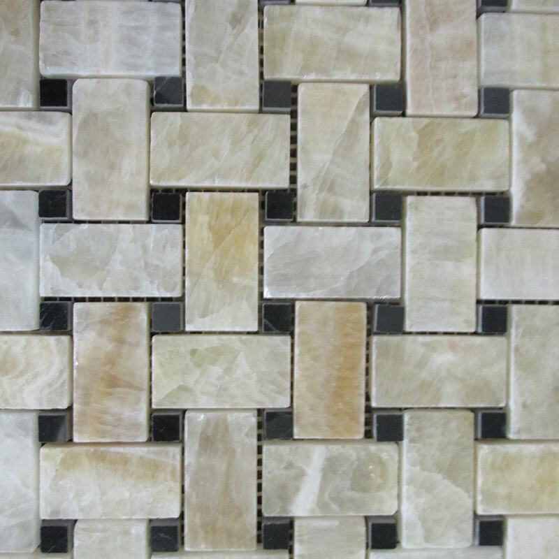 Honey Onyx Marble With Black Dots Basketweave Shape Mosaic Marble 