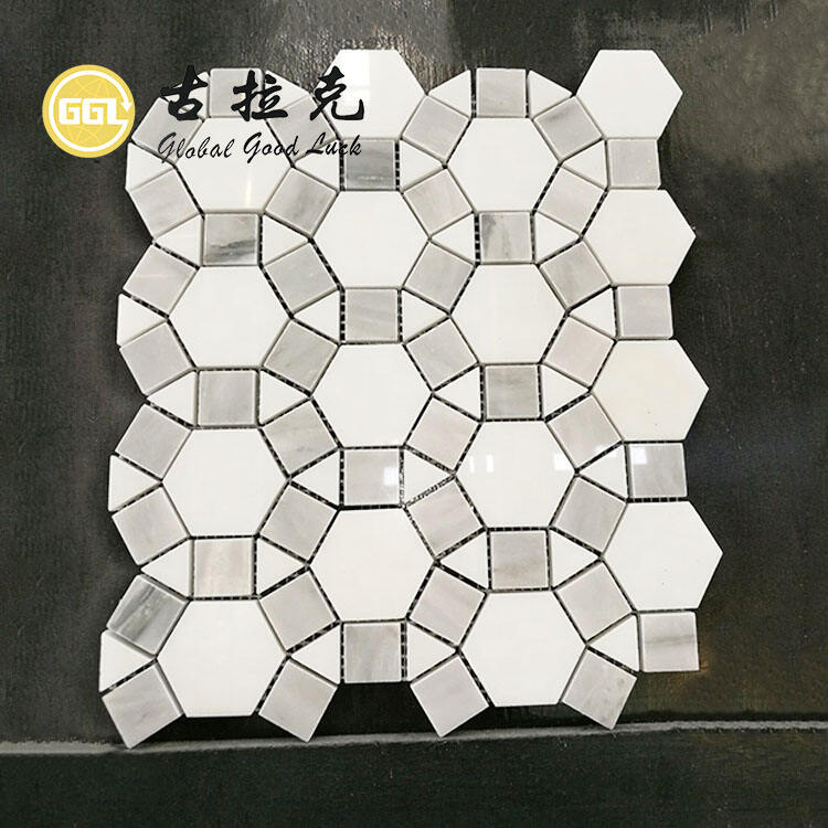 Polished Thassos White Irregular Marble Hexagon Shape Parquet Feature Marble Mosaic Tile