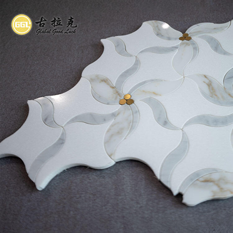 Flower Shape Marble Mosaic Inlay With Brass Dot Waterjet Mosaic Tile