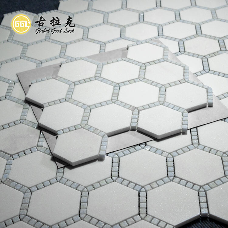Thassos White Marble Stone Mosaic Mix Blue Stone Mosaic Tile for Floor Wall Decor