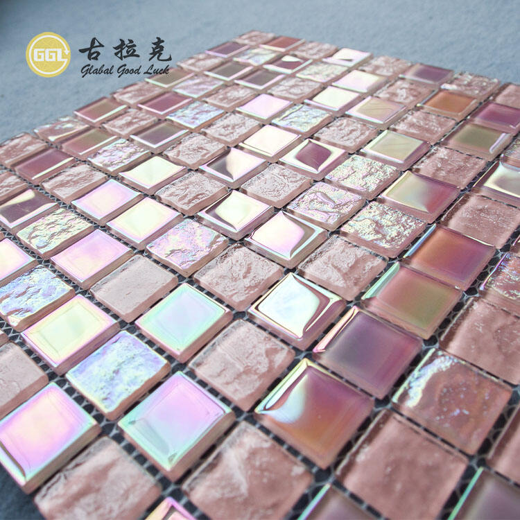 Pink Iridescent Design Square Shape Pool Glass Mosaic Tile