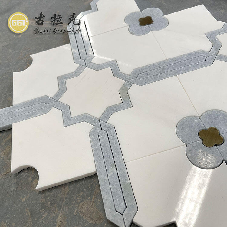 Waterjet Mosaic Tile White and Blue Marble Mix Brass Parquet Wall Tile