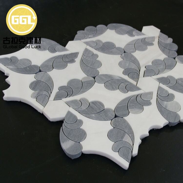 Unique Shape White Mix Grey Marble Pattern Waterjet Mosaic For Wall And Flooring Tiles