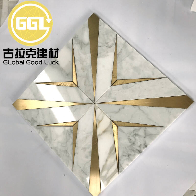 Calacatta Gold Marble Waterjet Pattern Mosaic Tile Inlay Brass