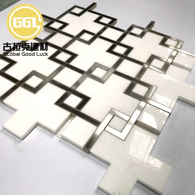 Polished White Marble Mix Stainless Steel Waterjet Mosaic Tile