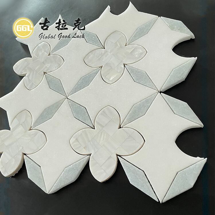 Water Jet Marble Mix Shell Flower Design Mosaic Tile Villa Kitchen Wall Background Tile