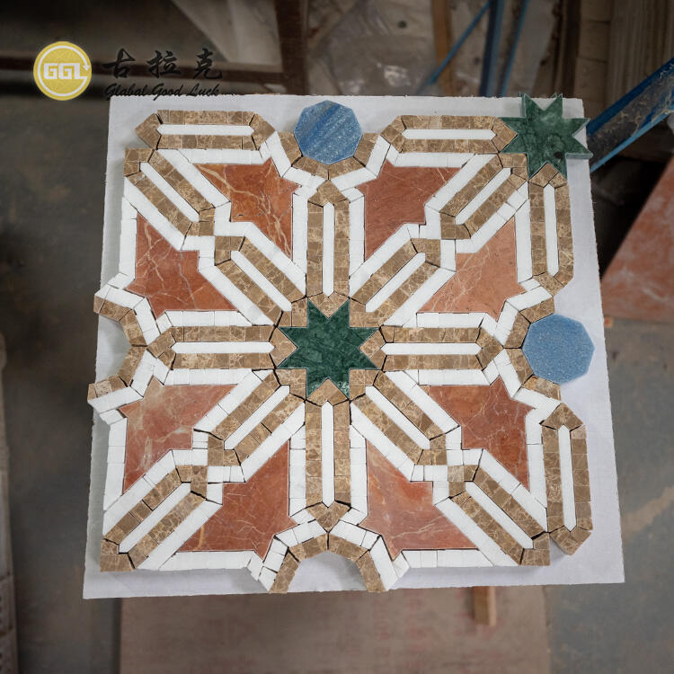 Cutting Star Red and Blue Green Stone Mosaic Tile Wall Floor Water Jet Tile