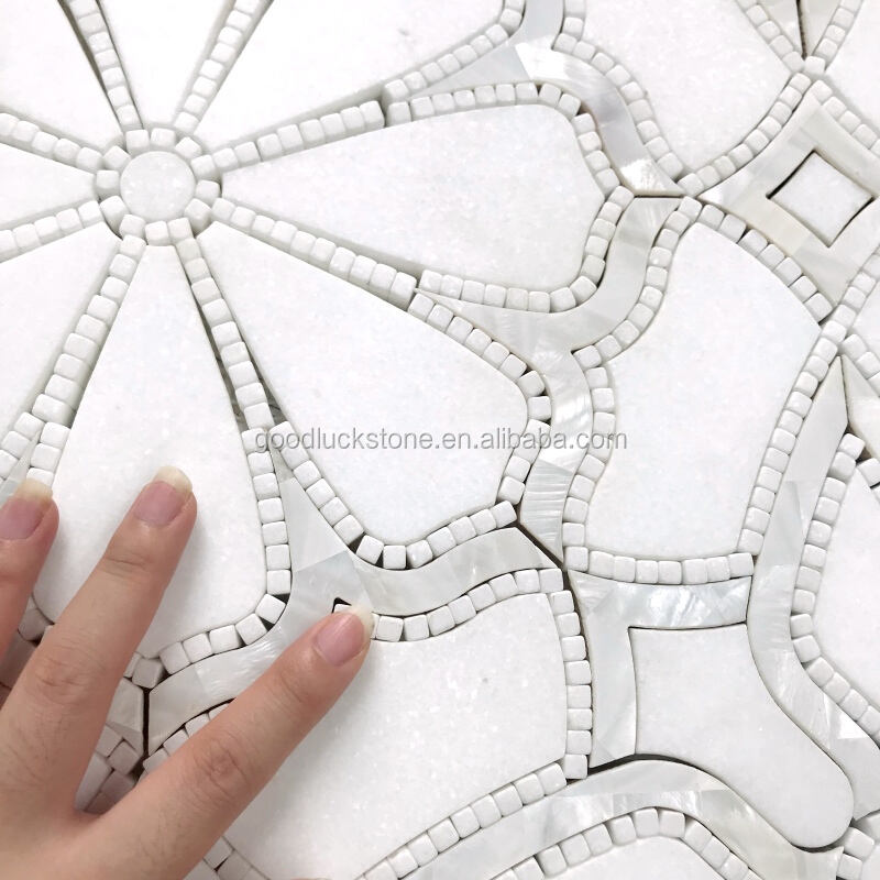 Unique Art Design Tile Waterjet Marble White Shell Inlay Tile Flower Pattern Mosaic for Wall Decor