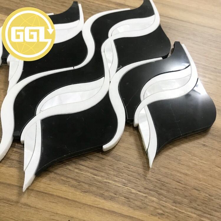 Cost-effective Leaf Shape Mosaic Tile Black Marble Mix Shell Waterjet Mosaic Tile