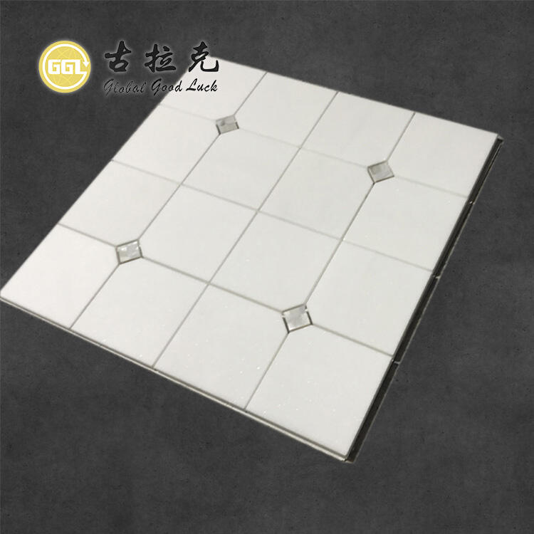 Square Thassos White Tile Shell Inlay Waterjet Mosaic Wall Tile for Bathroom Wall