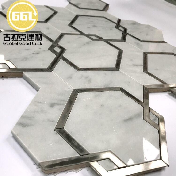 Hexagon Shape White Marble Waterjet Mosaic Tile Mix Stainless Steel Mosaic Tile