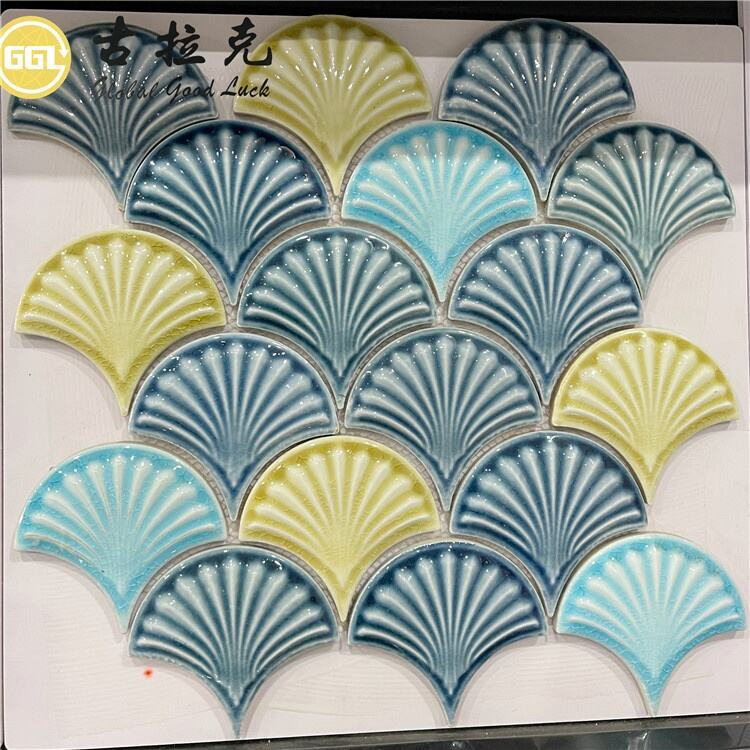 Fan Shape Ceramic Mosaic Tile Shell Design Blue Yellow Mosaic Tile