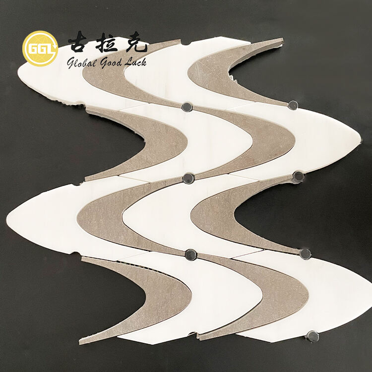 Beige Marble Water Jet Mosaic Tile Wavy Stone Backsplash Wall Tile