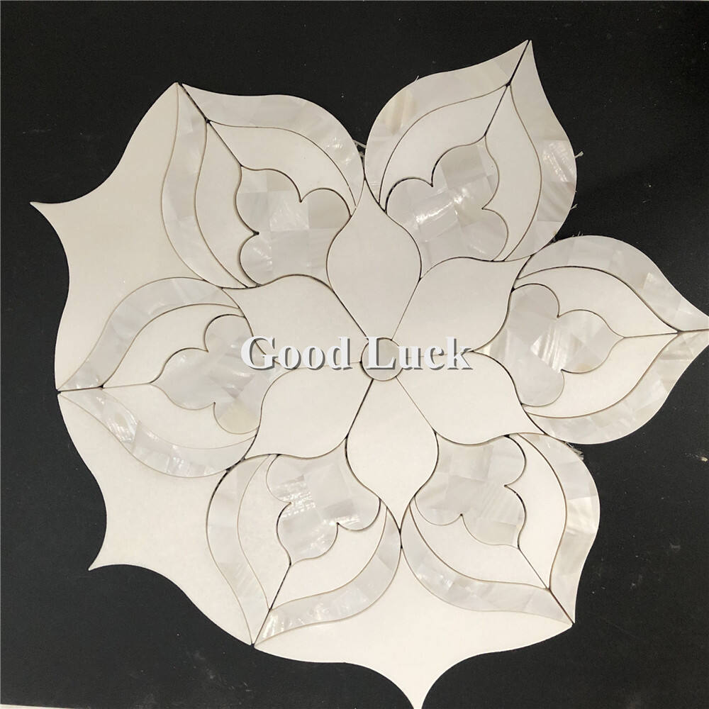 Thassos White Marble with Mother of Pearl Shell Mosaic Tile Background Tile