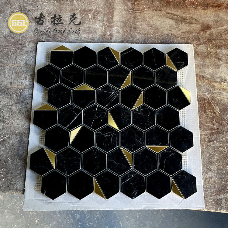 Hot Nero Marquina Marble Mix Brass Mosaic Tile for Villa Home Wall Floor Decor