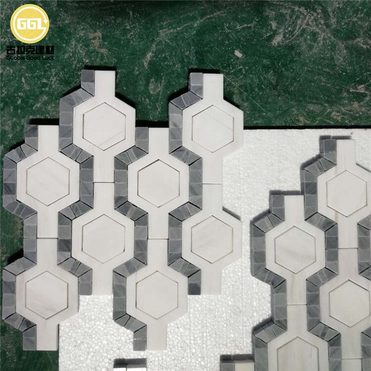 Polished White Mix Blue Marble Irregular Hexagon Parquet Feature Marble Mosaic Tile