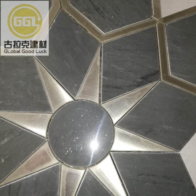 Sun Style Mosaic Tile Black Marble Mix Star Mirror Waterjet Pattern Tile