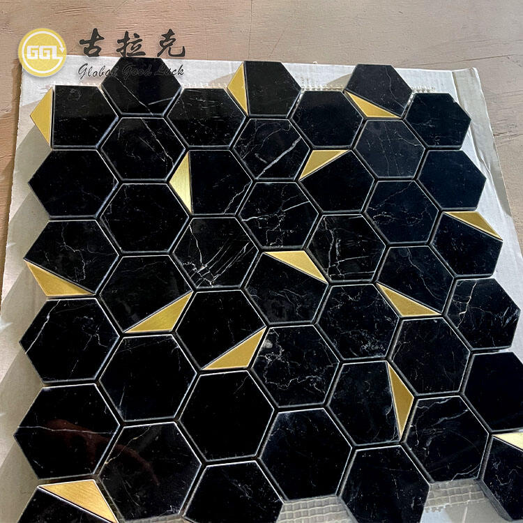 Hot Nero Marquina Marble Mix Brass Mosaic Tile for Villa Home Wall Floor Decor