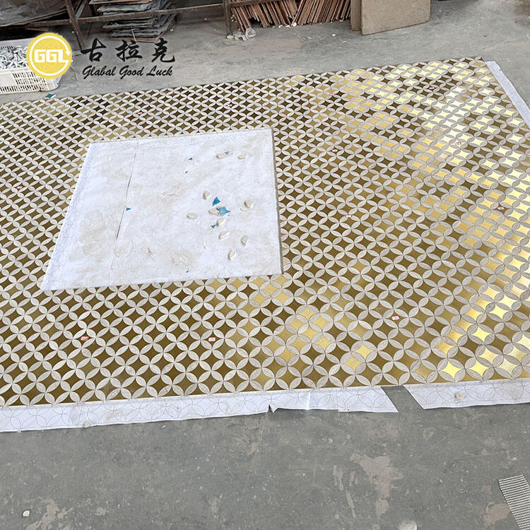 Wood Marble Inlay With Brass Parquet Waterjet Mosaic T