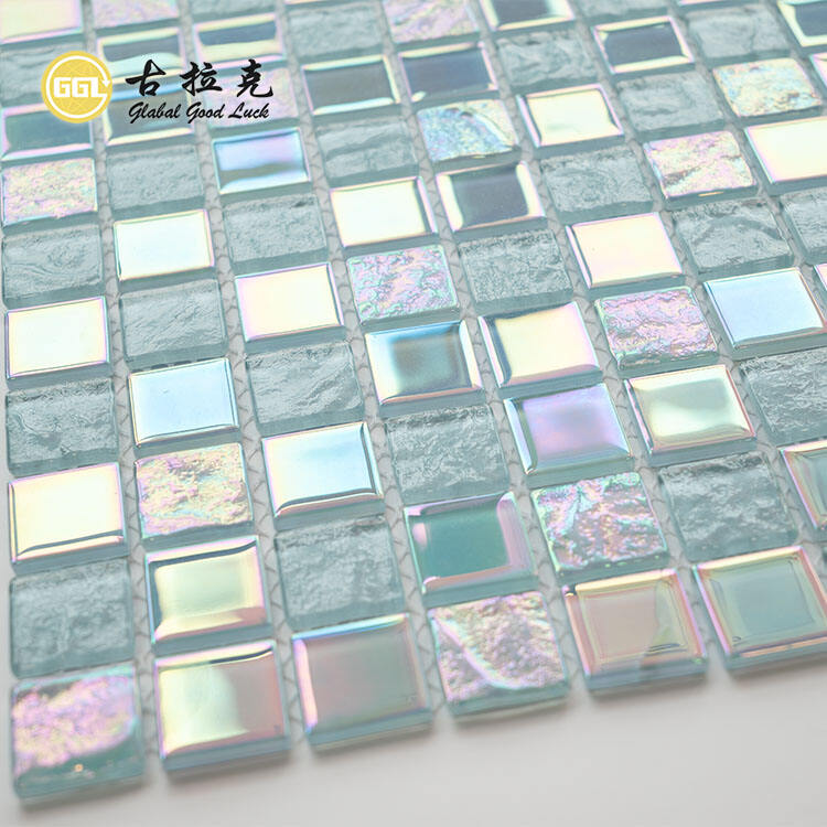 Light Blue Glass Mosaic Tile Iridescent Shine Tile for Swimming Pool Decor