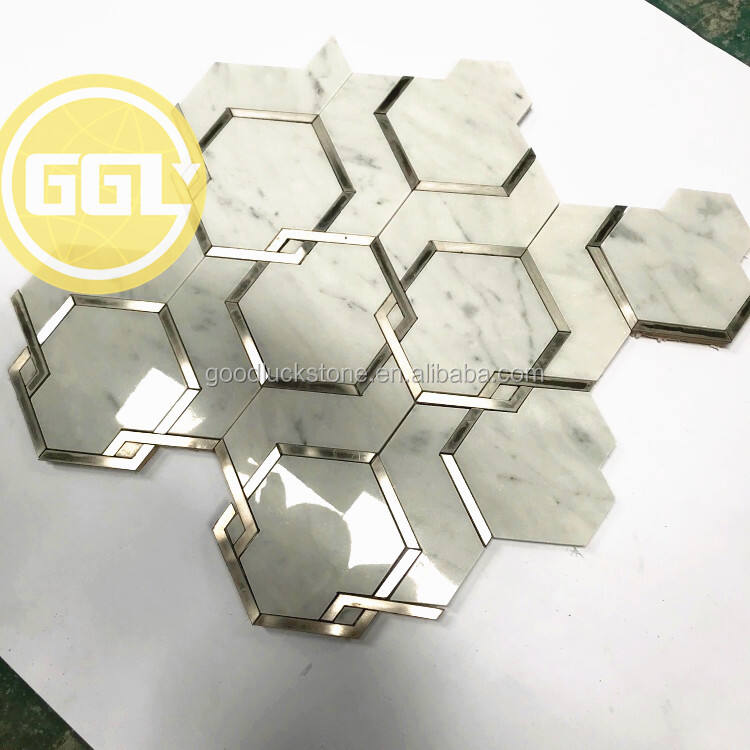 Hexagon Shape White Marble Waterjet Mosaic Tile Mix Stainless Steel Mosaic Tile